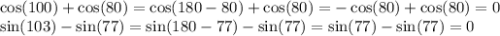 \cos(100) + \cos(80) = \cos(180 - 80) + \cos(80) = - \cos(80) + \cos(80) = 0 \\ \sin(103) - \sin(77) = \sin(180 - 77) - \sin(77) = \sin(77) - \sin(77) = 0