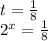 t= \frac{1}{8} &#10;&#10;&#10;&#10; 2^{x}= \frac{1}{8}