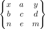 \begin{Bmatrix}&#10;x& a& y\\&#10;b& c& d \\ &#10;n& e & m&#10;\end{Bmatrix}