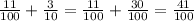 \frac{11}{100} + \frac{3}{10} = \frac{11}{100} + \frac{30}{100} = \frac{41}{100}