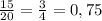 \frac{15}{20}= \frac{3}{4} =0,75