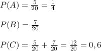 P(A) = \frac{5}{20}= \frac{1}{4}\\\\P(B)= \frac{7}{20}\\\\P(C) = \frac{5}{20}+ \frac{7}{20} = \frac{12}{20}=0,6