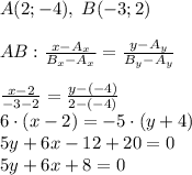 \huge \\ A(2;-4), \; B(-3;2)\\\\ AB:{x-A_x\over B_x-A_x}={y-A_y\over B_y-A_y}\\\\ {x-2\over -3-2}={y-(-4)\over 2-(-4)}\\ 6\cdot(x-2)=-5\cdot(y+4)\\ 5y+6x-12+20=0\\ 5y+6x+8=0