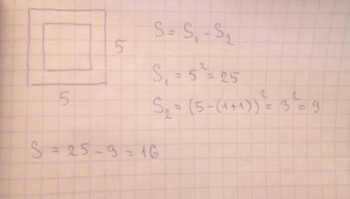 Из квадрата 5 на 5 вырезали по центру квадрат так чтобы получилась рамка для фотографии. найдите пло