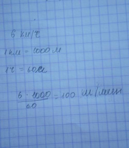 Пешеход идет со скоростью 6 км ч выразите его скорость в метрах в минутах