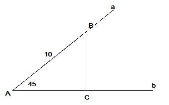 Угол между прямыми a и b равен 45°. пусть на прямой а лежит отрезок ab, длина которого 10 см. найдит