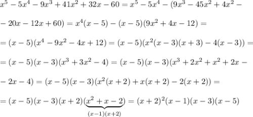 x^5-5x^4-9x^3+41x^2+32x-60=x^5-5x^4-(9x^3-45x^2+4x^2-\\ \\ -20x-12x+60)=x^4(x-5)-(x-5)(9x^2+4x-12)=\\ \\ =(x-5)(x^4-9x^2-4x+12)=(x-5)(x^2(x-3)(x+3)-4(x-3))=\\ \\ =(x-5)(x-3)(x^3+3x^2-4)=(x-5)(x-3)(x^3+2x^2+x^2+2x-\\ \\ -2x-4)=(x-5)(x-3)(x^2(x+2)+x(x+2)-2(x+2))=\\ \\ =(x-5)(x-3)(x+2)(\underbrace{x^2+x-2}_{(x-1)(x+2)})=(x+2)^2(x-1)(x-3)(x-5)