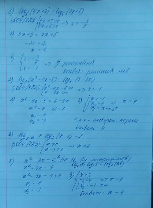 Log6(5x+3)=log6(7x+5) log3(x2-4x-5)=log3(7-3x) log2x+log2(x-3)=2