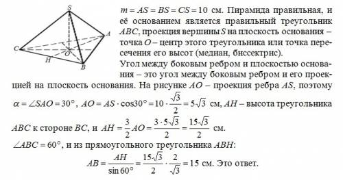 Вправильной треугольной пирамиде боковое ребро равно m=10 см и образует с плоскостью основания угол