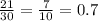 \frac{21}{30} = \frac{7}{10} = 0.7