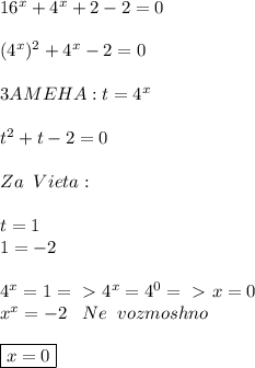 16^x+4^x+2-2=0 \\ \\ &#10;(4^x)^2+4^x-2=0 \\ \\ &#10;3AMEHA: t=4^x \\ \\ &#10;t^2+t-2=0 \\ \\ &#10;Za \;\; Vieta: \\ \\ &#10;t=1 \\ &#10;1=-2 \\ \\ &#10;4^x=1 =\ \textgreater \ 4^x=4^0=\ \textgreater \ x=0\\ &#10;x^x=-2 \;\;\;Ne \;\; vozmoshno \\ \\ &#10;\boxed {x=0}