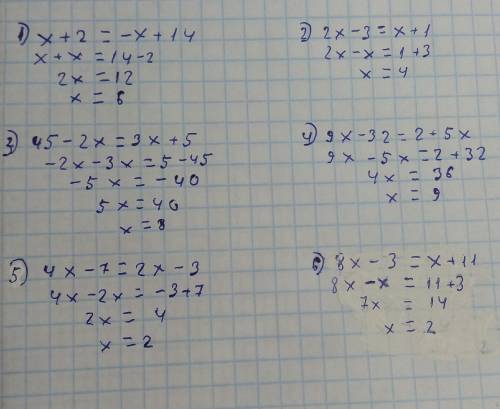 Решите уравнение: 1)х+2=-х+14; 2)2х-3=х+1; 3)45-2х=3х+5; 4)9х-32=2+5х; 5)4х-7=2х-3; 6)8х-3=х+11