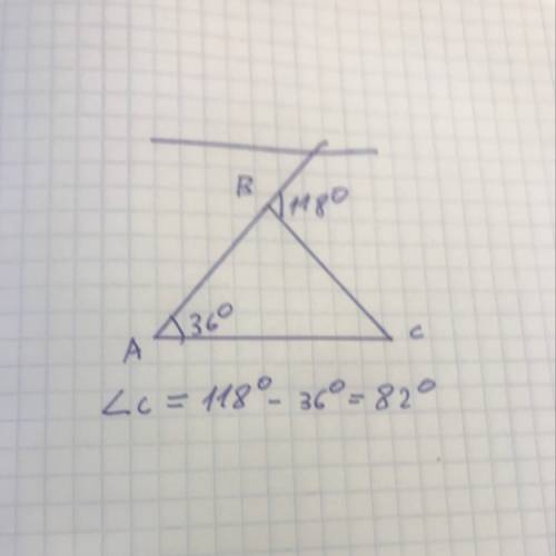 Втреугольнике авс угол а равен 36°, внешний угол при вершине в равен 118°. найдите угол с. ответ дай