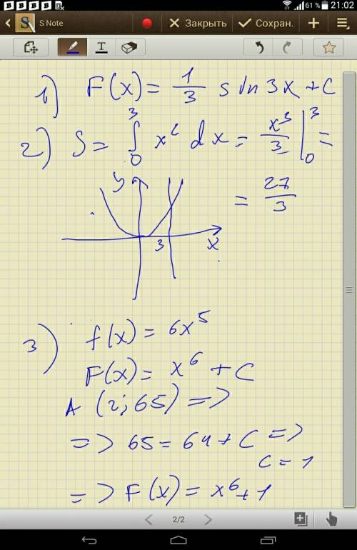 Решить . 1) укажите общий вид первообразной для функции f(x)=cos3x 2) вычислите площадь фигуры, огра