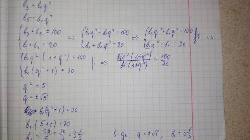 Знайти перший член і знаменик ї прогресії якщо b3+b5=100 і b1+b3=20