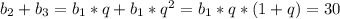 b_{2} + b_{3} = b_{1}*q + b_{1}* q^{2} = b_{1}*q* (1 + q ) = 30