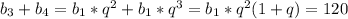 b_{3} + b_{4} = b_{1} * q^{2} + b_{1} * q^{3} =b_{1} * q^{2} (1 + q) = 120