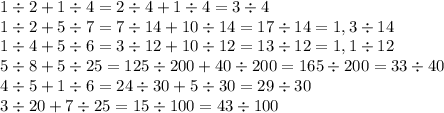 1 \div 2 + 1 \div 4 = 2 \div 4 + 1 \div 4 = 3 \div 4 \\ 1 \div 2 + 5 \div 7 = 7 \div 14 + 10 \div 14 = 17 \div 14 = 1, 3 \div 14 \\ 1 \div 4 + 5 \div 6 = 3 \div 12 + 10 \div 12 = 13 \div 12 = 1, 1 \div 12 \\ 5 \div 8 + 5 \div 25 = 125 \div 200 + 40 \div 200 = 165 \div 200 = 33 \div 40 \\ 4 \div 5 + 1 \div 6 = 24 \div 30 + 5 \div 30 = 29 \div 30 \\ 3 \div 20 + 7 \div 25 = 15 \div 100 = 43 \div 100