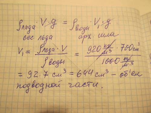 Кусок льда объемом 700 см3 плавает в воде. найдите объем подводной части льда. дайте ответ в см3 с т