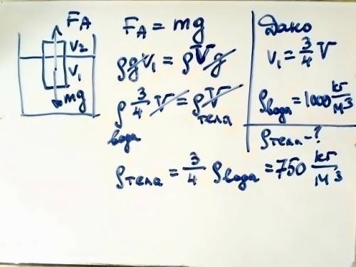 Тело плавает в воде погрузившись в нее на 3/4 своего объема найдите плотность материала тела ( дано,