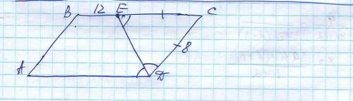 Впараллелограмме abcd, de биссектриса угла adc, cd = 8см, be = 12см. найдите периметр параллелограмм