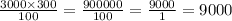 \frac{3000 \times 300}{100 } = \frac{900000}{100} = \frac{9000}{1} = 9000