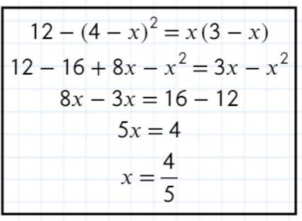 Решите уравнение: 12-(4-x)^2=x(3-x)