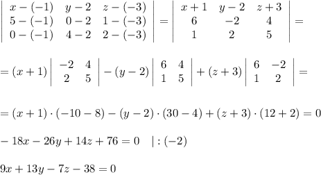 \left|\begin{array}{ccc}x-(-1)&y-2&z-(-3)\\ 5-(-1)&0-2&1-(-3)\\ 0-(-1)&4-2&2-(-3)\end{array}\right|=\left|\begin{array}{ccc}x+1&y-2&z+3\\ 6&-2&4\\ 1&2&5\end{array}\right|=\\ \\ \\ =(x+1)\left|\begin{array}{ccc}-2&4\\ 2&5\end{array}\right|-(y-2)\left|\begin{array}{ccc}6&4\\ 1&5\end{array}\right|+(z+3)\left|\begin{array}{ccc}6&-2\\ 1&2\end{array}\right|=\\ \\ \\ =(x+1)\cdot (-10-8)-(y-2)\cdot (30-4)+(z+3)\cdot (12+2)=0\\ \\ -18x-26y+14z+76=0~~~|:(-2)\\ \\ 9x+13y-7z-38=0