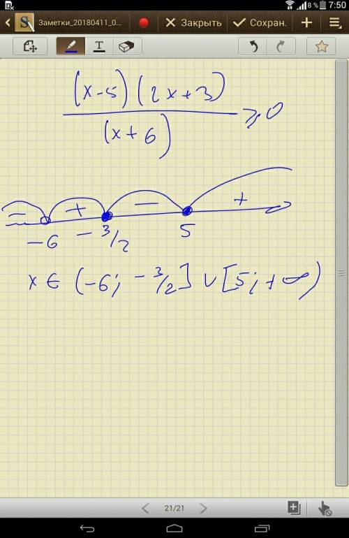 Решите неравенство (х-5)(2х+3)/(х+6) больше или равно 0