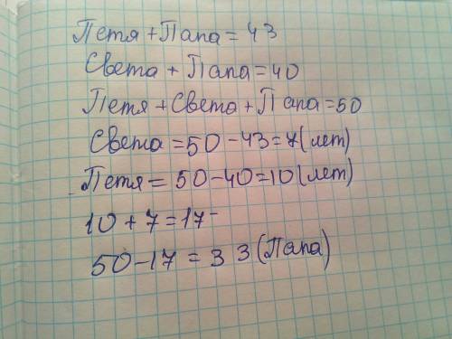 Пете и папе вместе 43 года , а его сестре свете и папе вместе 40 лет, а всем троим вместе 50 лет. ск