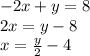 - 2x + y = 8 \\ 2x = y - 8 \\ x = \frac{y}{2} - 4