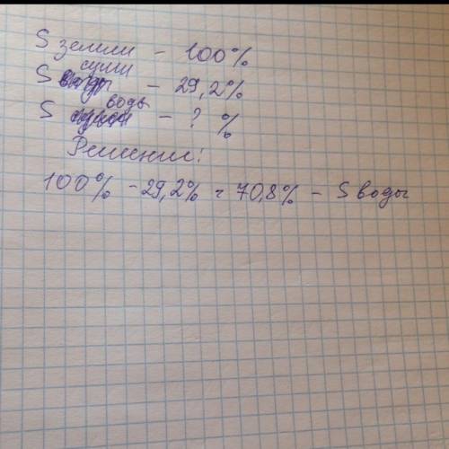 Площадь суши земли составляет 29,2%, остальную часть занимает водная поверхность. найдите площадь во