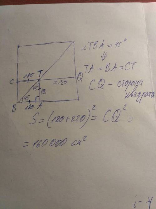 Точка, що лежить на діагоналі квадрата, віддалена від двох його сторін на 180 см і 2,2м. знайдіть пл