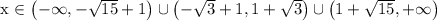 $$x \in \left(-\infty, - \sqrt{15} + 1\right) \cup \left(- \sqrt{3} + 1, 1 + \sqrt{3}\right) \cup \left(1 + \sqrt{15},+ \infty\right)$$&#10;