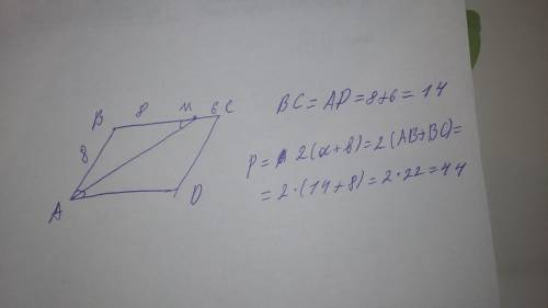 Биссектриса угла а параллелограмма abcd пересекает сторону bc в точке м, причем вм = 8, мс = 6.найди