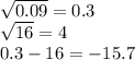 \sqrt{0.09} = 0.3 \\ \sqrt{16} = 4 \\ 0.3 - 16 = - 15.7