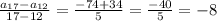 \frac{ a_{17} - a_{12} }{17-12} = \frac{-74+34}{5} = \frac{-40}{5} = -8