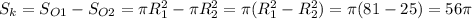 S_k=S_{O1}-S_{O2}= \pi R_1^2- \pi R_2^2= \pi (R_1^2-R_2^2)= \pi (81-25)=56 \pi