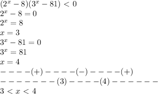 (2^x-8)(3^x-81)\ \textless \ 0\\2^x-8=0\\2^x=8\\x=3\\3^x-81=0\\3^x=81\\x=4\\----(+)----(-)----(+)\\-------(3)----(4)------\\3\ \textless \ x\ \textless \ 4