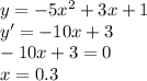 y=-5x^2+3x+1\\y'=-10x+3\\-10x+3=0\\x=0.3\\