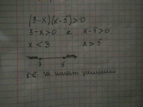 (3-x)(x-5)> 0 решить неравенство и найти наим. целое решение