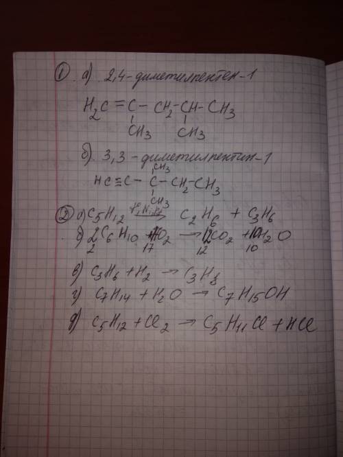 1. напишите структурные формулы а) 2,4 диметилпентен-1 б) 3,3 диметилпентин-1. 2.допишите уравнения