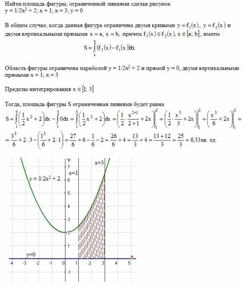 Help me please) найти площадь фигуры, ограниченной линиями сделав рисунок y = 1/2x^2 + 2; x = 1; x =