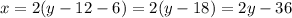 x=2(y-12-6)=2(y-18)=2y-36