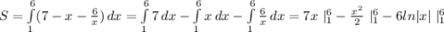 S= \int\limits^6_1 ({7-x- \frac{6}{x}) } \, dx= \int\limits^6_1 {7} \, dx - \int\limits^6_1 {x} \, dx- \int\limits^6_1{ \frac{6}{x} \, dx=7x\ |^6_1- \frac{x^2}{2}\ |^6_1-6ln|x|\ |^6_1\\