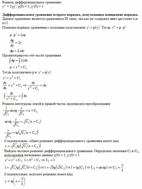 Решить дифференциальное уравнение y''=2*y*y' y(0)=1, y'(0)=1 решить коши