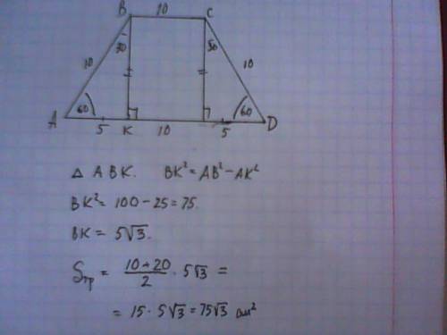 Знайти площу трапецii зi сторонами 10 см, 20 см и кутом 60°