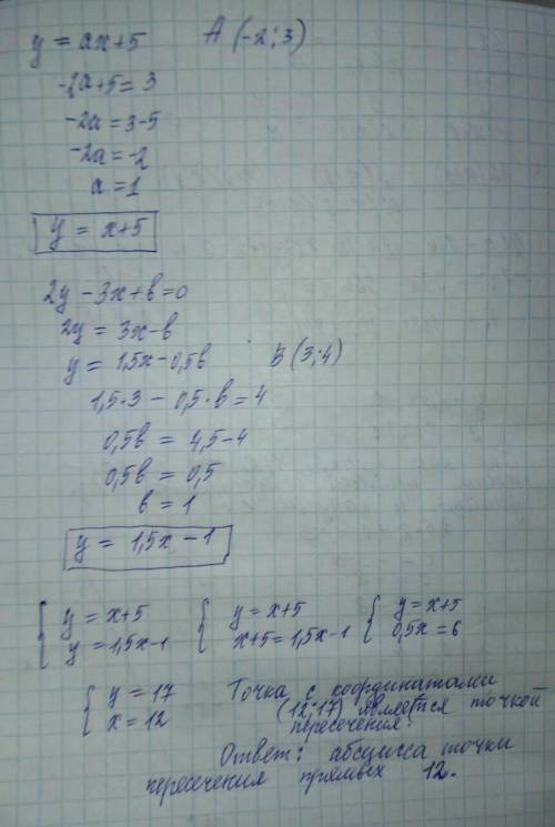 Назовите абсциссу точки пересечения прямых y=ax+5 и 2y-3x+b=0 зная что первоя прямая проходит через