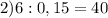 2) 6:0,15= 40