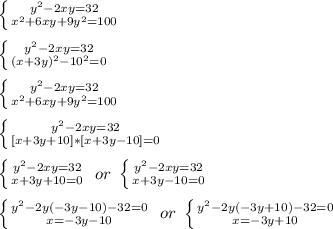 \left \{ {{y^2-2xy=32} \atop {x^2+6xy+9y^2=100}} \right. \\\\&#10; \left \{ {{y^2-2xy=32} \atop {(x+3y)^2-10^2=0}} \right. \\\\&#10; \left \{ {{y^2-2xy=32} \atop {x^2+6xy+9y^2=100}} \right. \\\\&#10; \left \{ {{y^2-2xy=32} \atop {[x+3y+10]*[x+3y-10]=0}} \right. \\\\&#10; \left \{ {{y^2-2xy=32} \atop {x+3y+10=0}} \right.\ or\ \left \{ {{y^2-2xy=32} \atop {x+3y-10=0}} \right. \\\\&#10; \left \{ {{y^2-2y(-3y-10)-32=0} \atop {x=-3y-10}} \right.\ or\ \left \{ {{y^2-2y(-3y+10)-32=0} \atop {x=-3y+10}} \right. \\\\